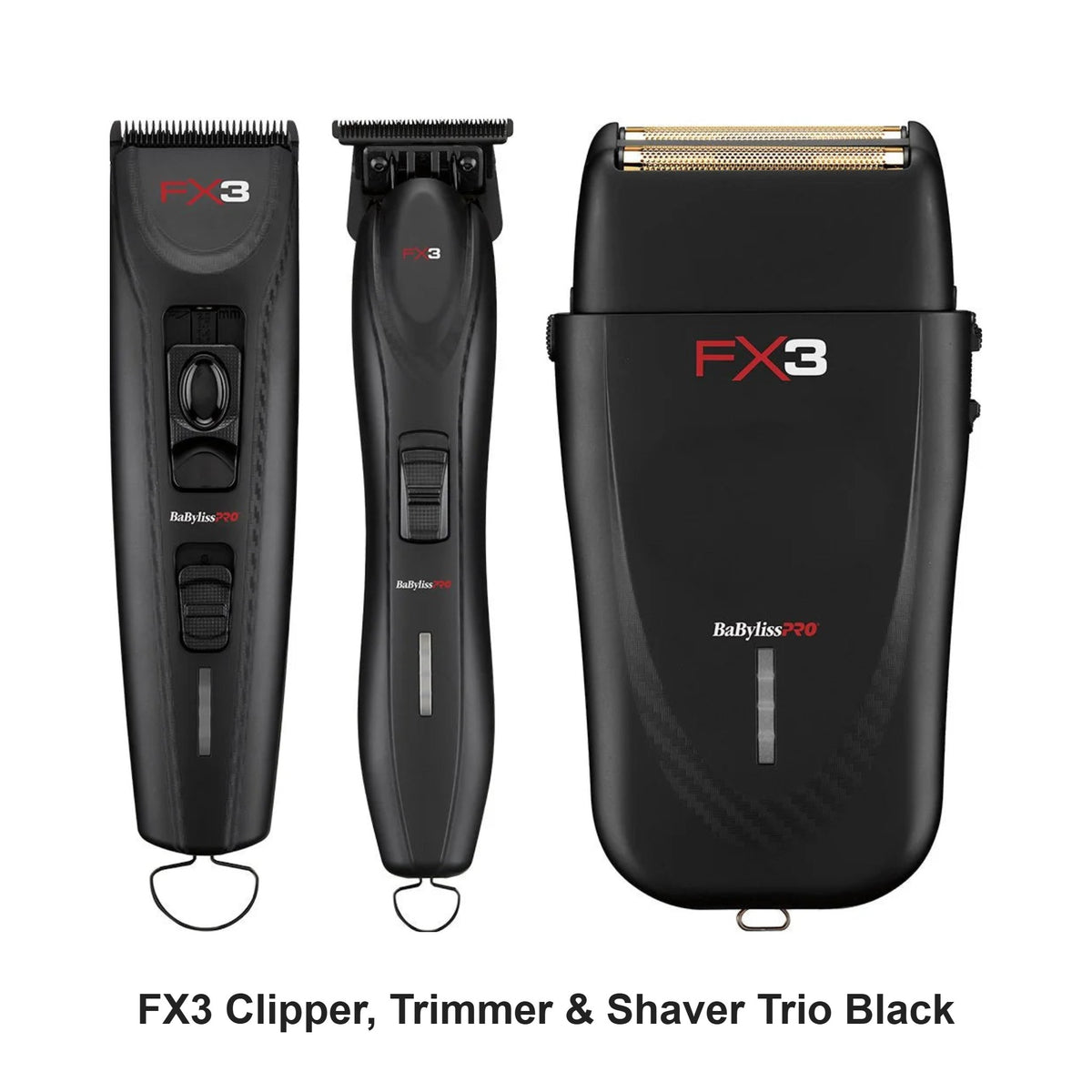BaByliss Pro - FX3 Clipper, Trimmer & Shaver Trio Black Bundle – bundle contents: FX3 Clipper Black, FX3 Trimmer Black, FX3 Shaver Black