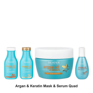 Beaver - Argan & Keratin Shampoo, Conditioner, Mask & Serum Quad Bundle – bundle contents: Argan & Keratin Shampoo 350ml, Argan & Keratin Conditioner 350ml, Argan & Keratin Mask 250ml, Argan & Keratin Serum 100ml