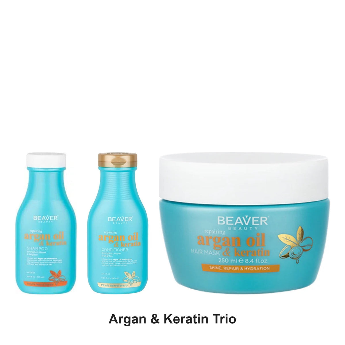 Beaver - Argan & Keratin Shampoo, Conditioner & Mask Trio Bundle – bundle contents: Argan & Keratin Shampoo 350ml, Argan & Keratin Conditioner 350ml, Argan & Keratin Mask 250ml