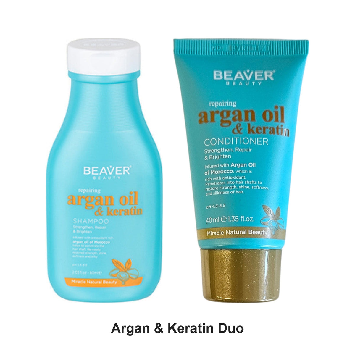 Beaver - Argan & Keratin Shampoo & Conditioner Travel Duo Bundle – bundle contents: Argan & Keratin Shampoo 60ml, Argan & Keratin Conditioner 40ml