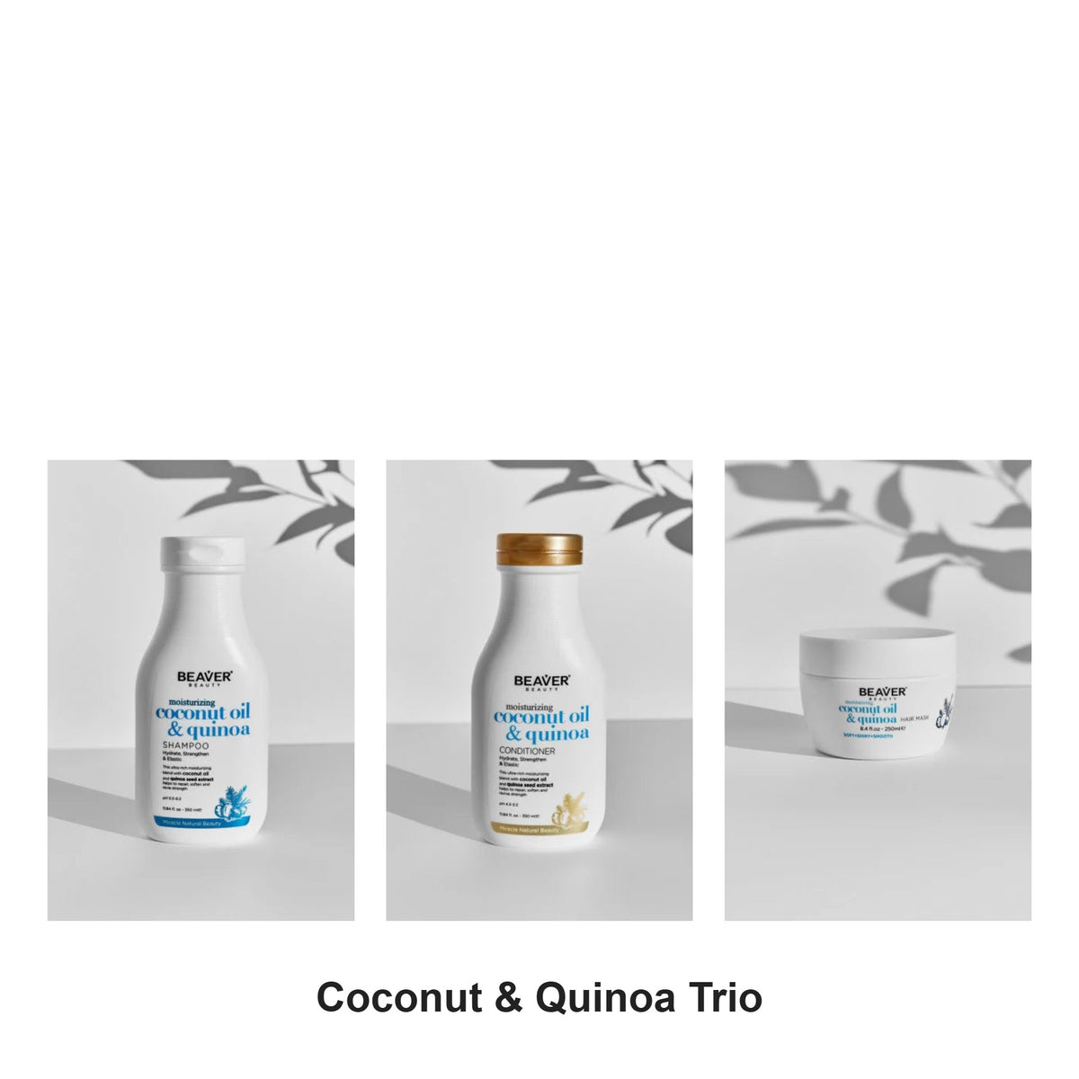 Beaver - Coconut & Quinoa Shampoo, Conditioner & Mask Trio Bundle – bundle contents: Coconut & Quinoa Shampoo 350ml, Coconut & Quinoa Conditioner 350ml, Coconut & Quinoa Mask 250ml