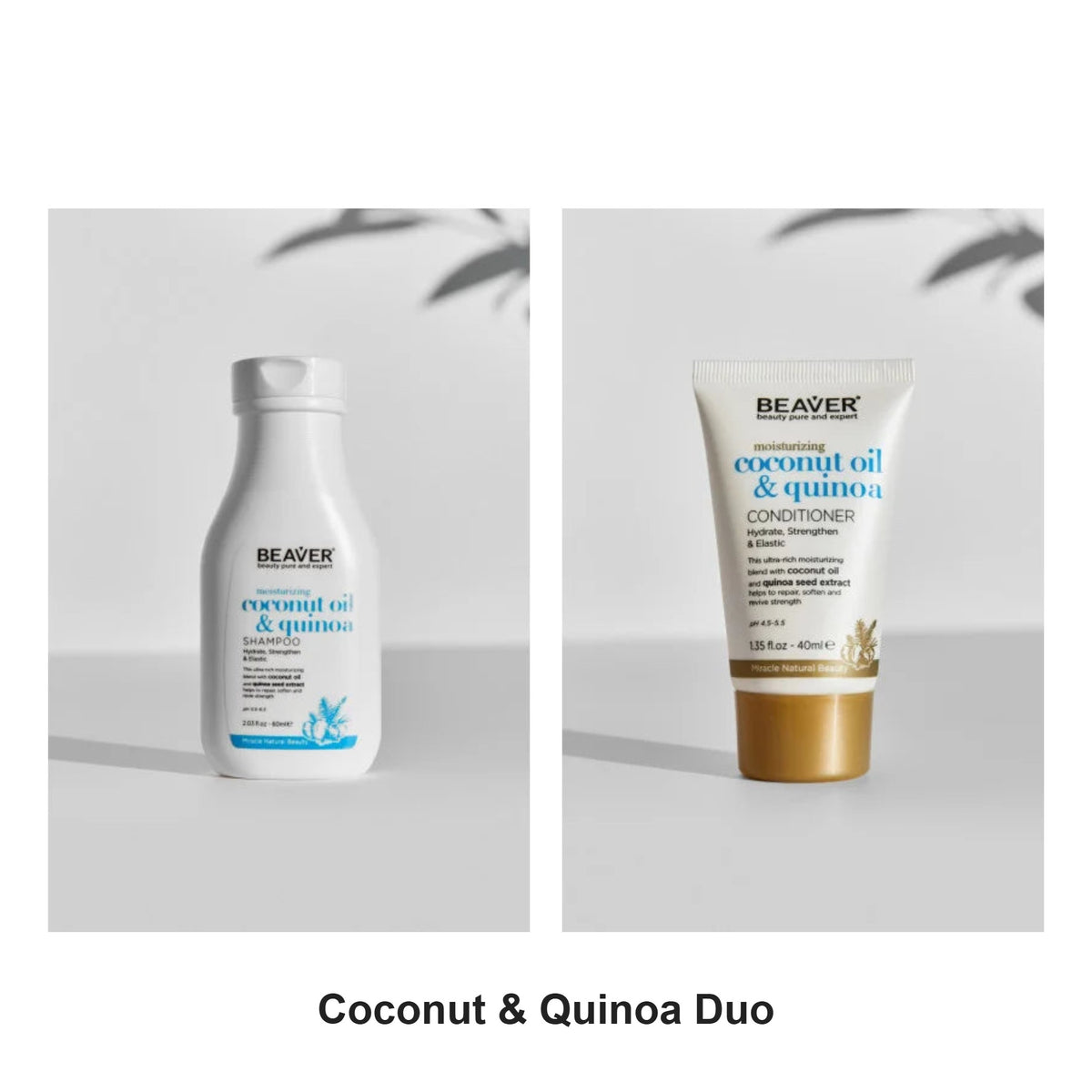Beaver - Coconut & Quinoa Shampoo & Conditioner Travel Duo Bundle – bundle contents: Coconut & Quinoa Shampoo 60ml, Coconut & Quinoa Conditioner 40ml