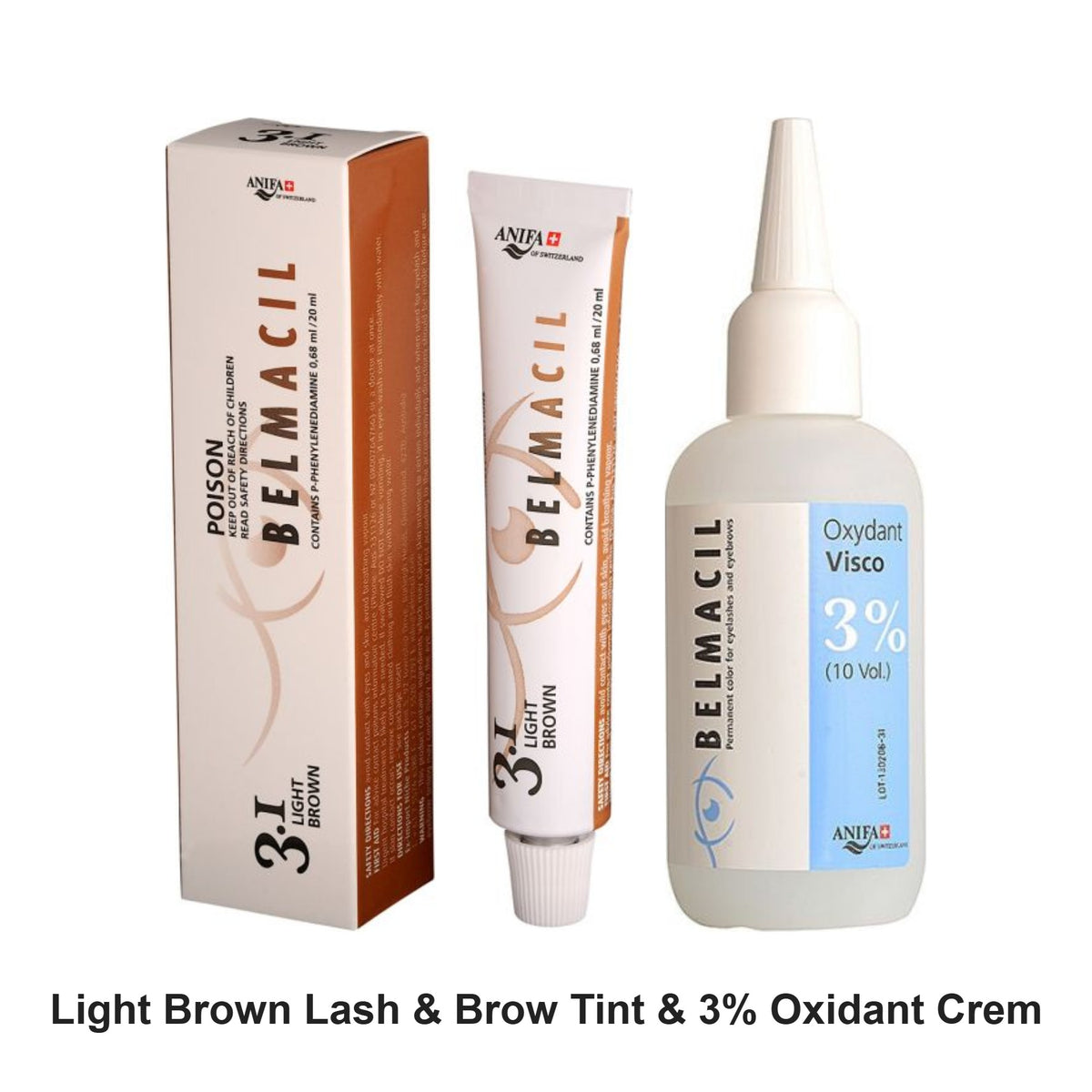Belmacil - Light Brown Lash & Brow Tint & 3% Oxidant Creme Duo Bundle – bundle contents: Light Brown Lash & Brow Tint 20ml, 3% Oxidant Creme Activator 100ml