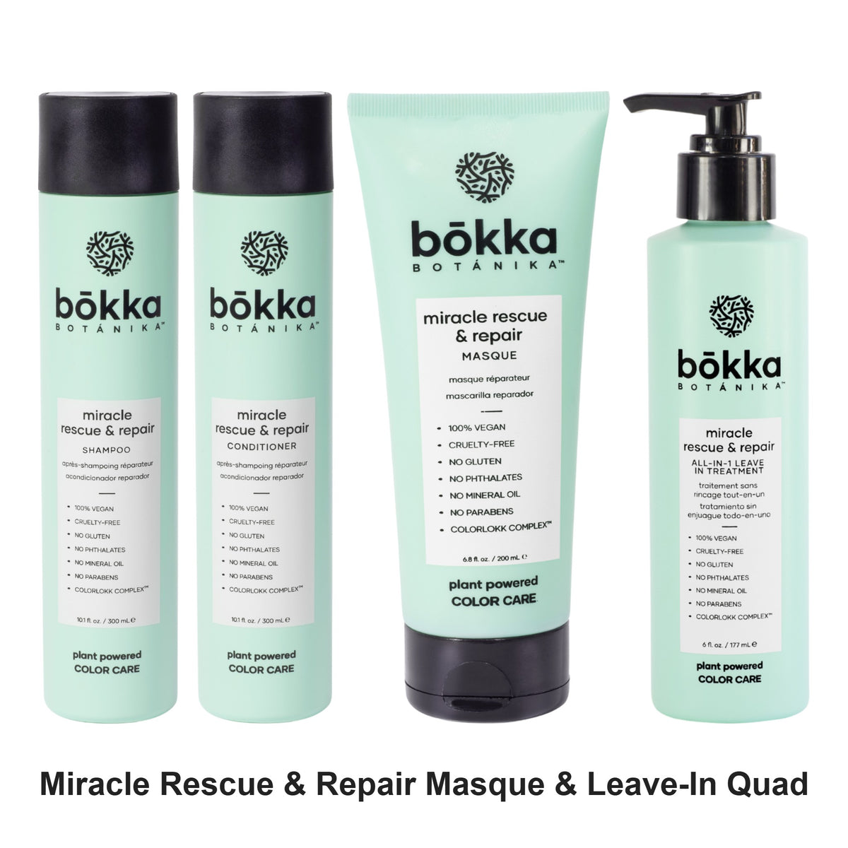 Bokka Botanika - Miracle Rescue & Repair Shampoo, Conditioner, Masque & Leave-In Quad Bundle – bundle contents: Miracle Rescue & Repair Shampoo 300ml, Miracle Rescue & Repair Conditioner 300ml, Miracle Rescue & Repair Masque 237ml, Miracle Rescue & Repair All-in-One Leave-In Treatment 177ml
