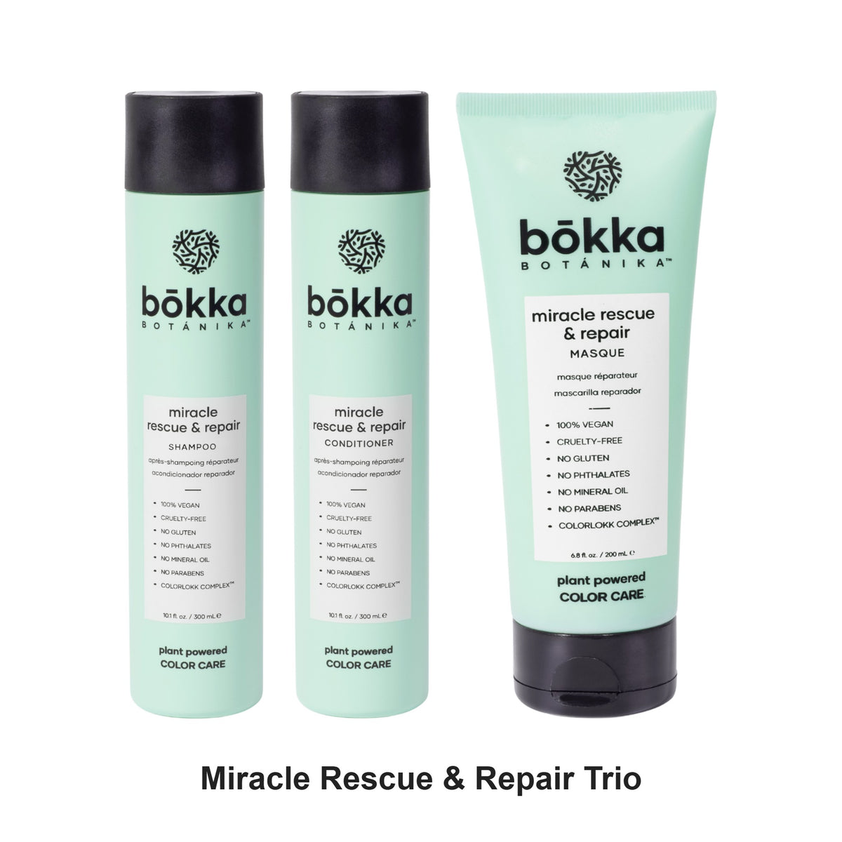 Bokka Botanika - Miracle Rescue & Repair Shampoo, Conditioner & Masque Trio Bundle – bundle contents: Miracle Rescue & Repair Shampoo 300ml, Miracle Rescue & Repair Conditioner 300ml, Miracle Rescue & Repair Masque 237ml