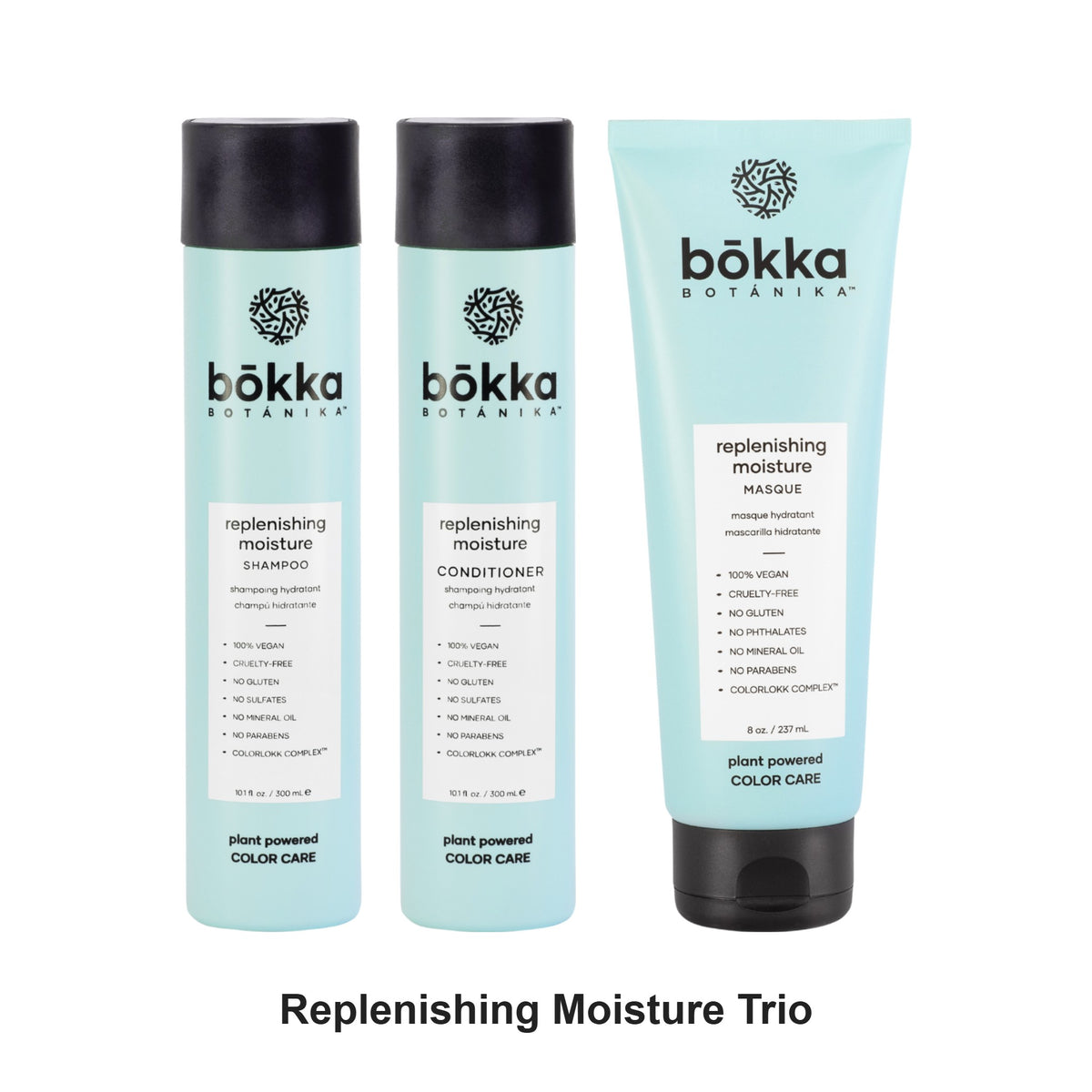 Bokka Botanika - Replenishing Moisture Shampoo, Conditioner & Masque Trio Bundle – bundle contents: Replenishing Moisture Shampoo 300ml, Replenishing Moisture Conditioner 300ml, Replenishing Moisture Masque 237ml