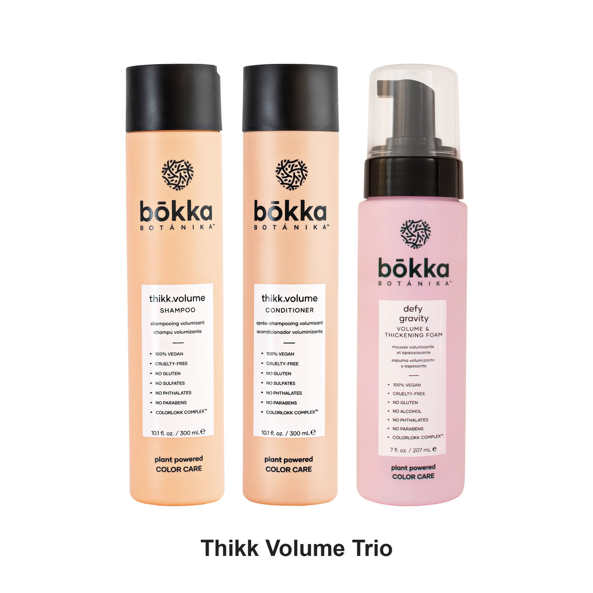 Bokka Botanika - Thikk Volume Shampoo, Conditioner & Thickening Foam Trio Bundle – bundle contents: Thikk Volume Shampoo 300ml, Thikk Volume Conditioner 300ml, Defy Gravity Volume & Thickening Foam 207ml