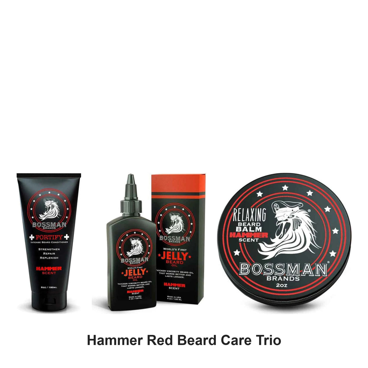 Bossman - Hammer Red Beard Care Trio Bundle (Conditioner, Jelly & Balm) – bundle contents: Fortify Intense Beard Conditioner Hammer Red 4oz, Beard Jelly Hammer Red 4oz, Beard Balm Hammer Red 2oz