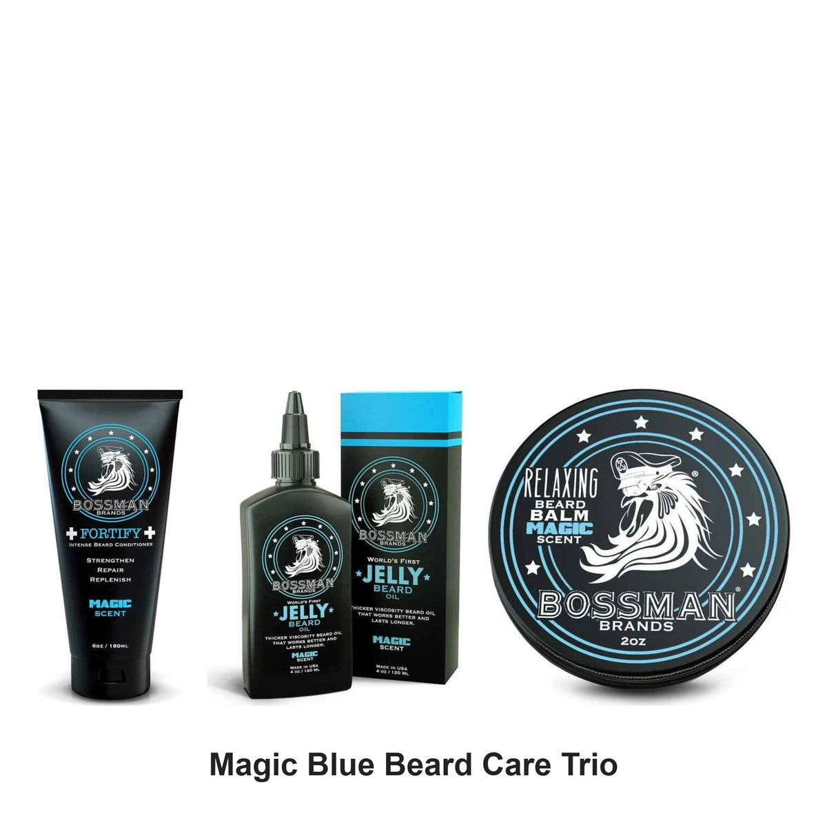Bossman - Magic Blue Beard Care Trio Bundle (Conditioner, Jelly & Balm) – bundle contents: Fortify Intense Beard Conditioner Magic Blue 180ml, Beard Jelly Magic Blue 4oz, Beard Balm Magic Blue (Softening Beard Balm) 2oz