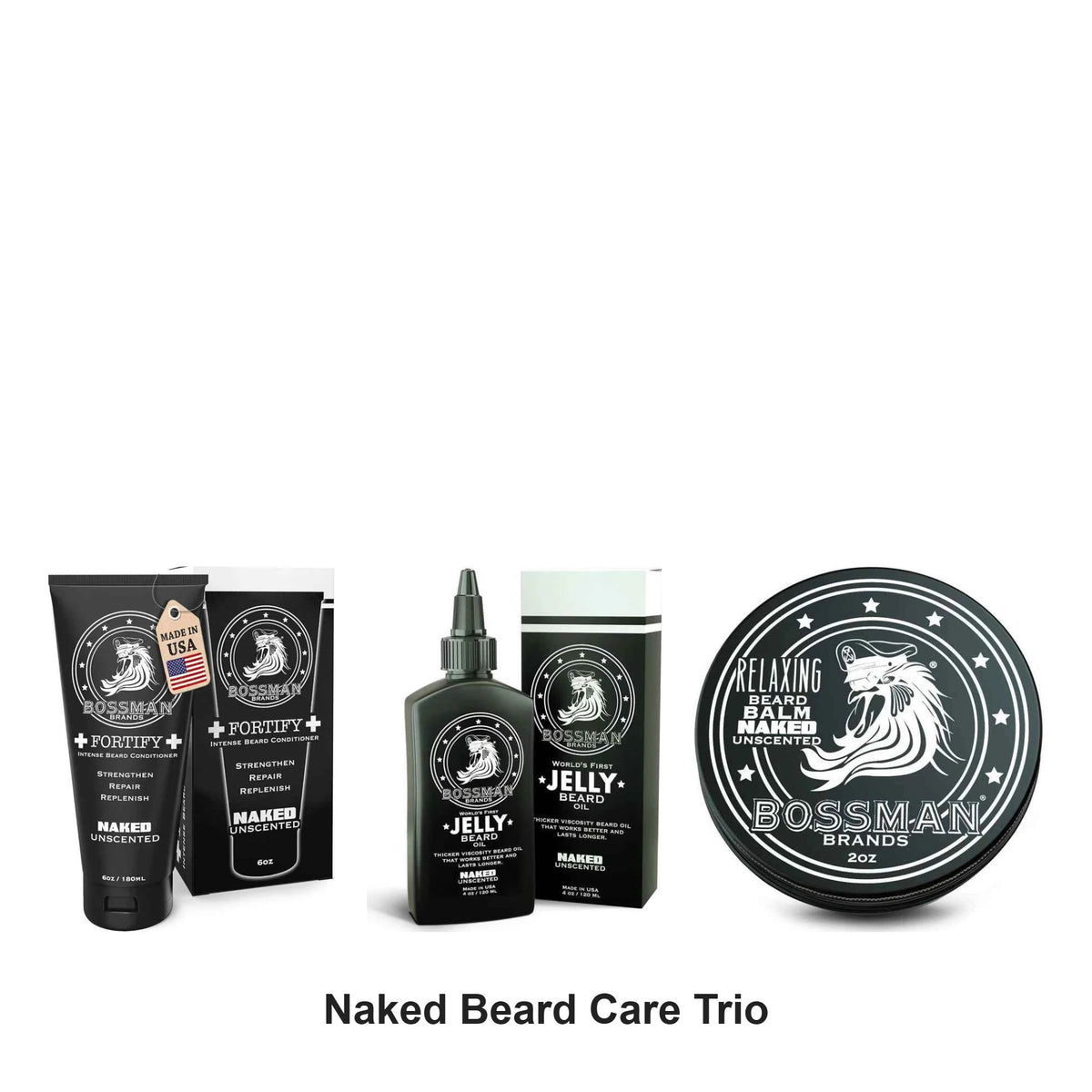 Bossman - Naked Beard Care Trio Bundle (Conditioner, Jelly & Balm) – bundle contents: Fortify Intense Beard Conditioner Naked 180ml, Beard Jelly Naked 4oz, Beard Balm Naked 2oz