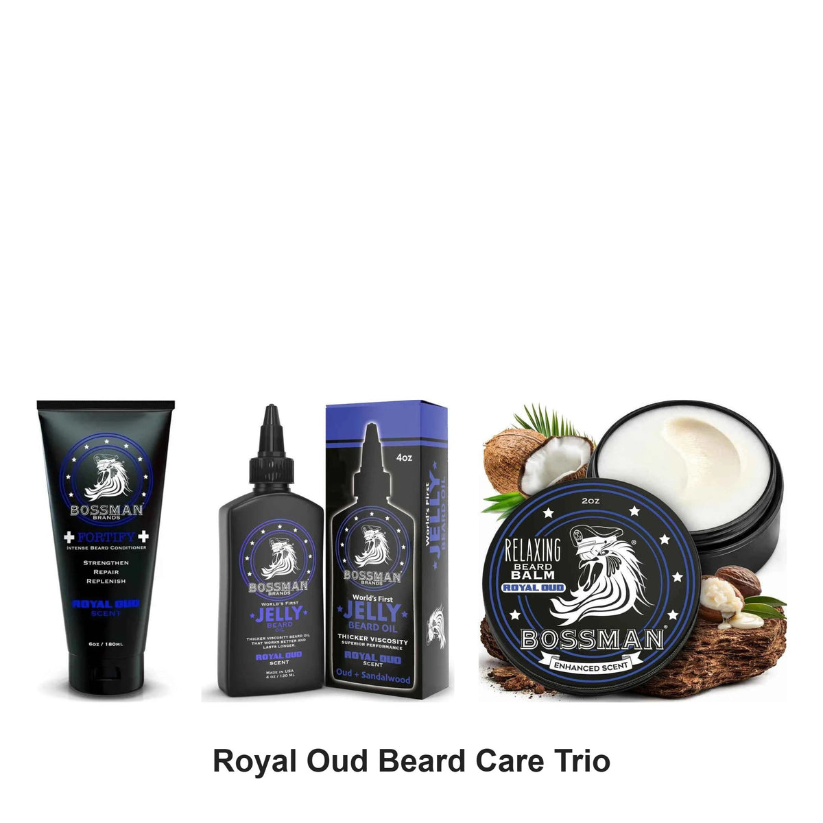 Bossman - Royal Oud Beard Care Trio Bundle (Conditioner, Jelly & Balm) – bundle contents: Fortify Intense Beard Conditioner Royal Oud 180ml, Beard Jelly Royal Oud 4oz, Beard Balm Royal Oud 2oz