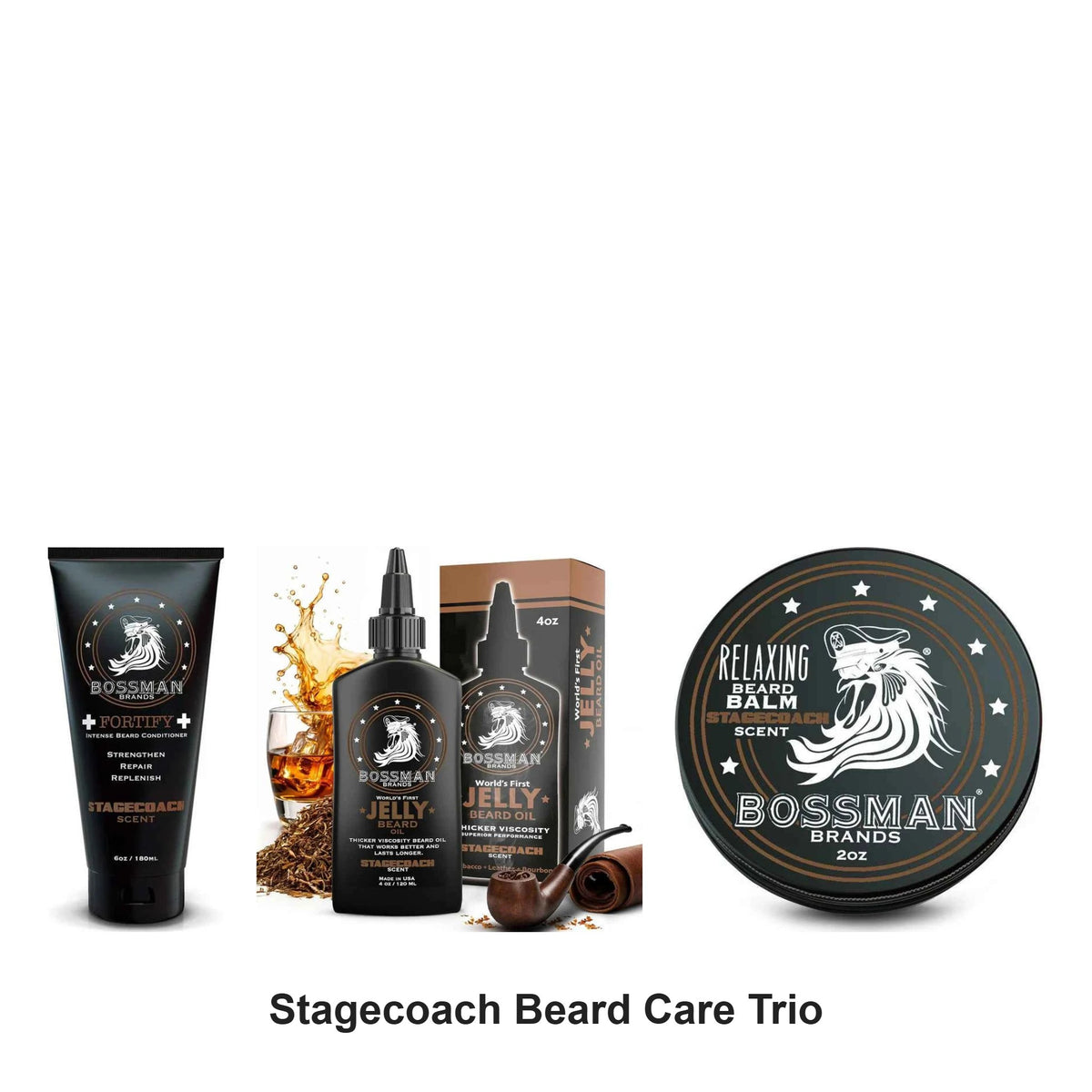 Bossman - Stagecoach Beard Care Trio Bundle (Conditioner, Jelly & Balm) – bundle contents: Fortify Intense Beard Conditioner Stagecoach 180ml, Beard Jelly Stagecoach 4oz, Beard Balm Stagecoach 2oz
