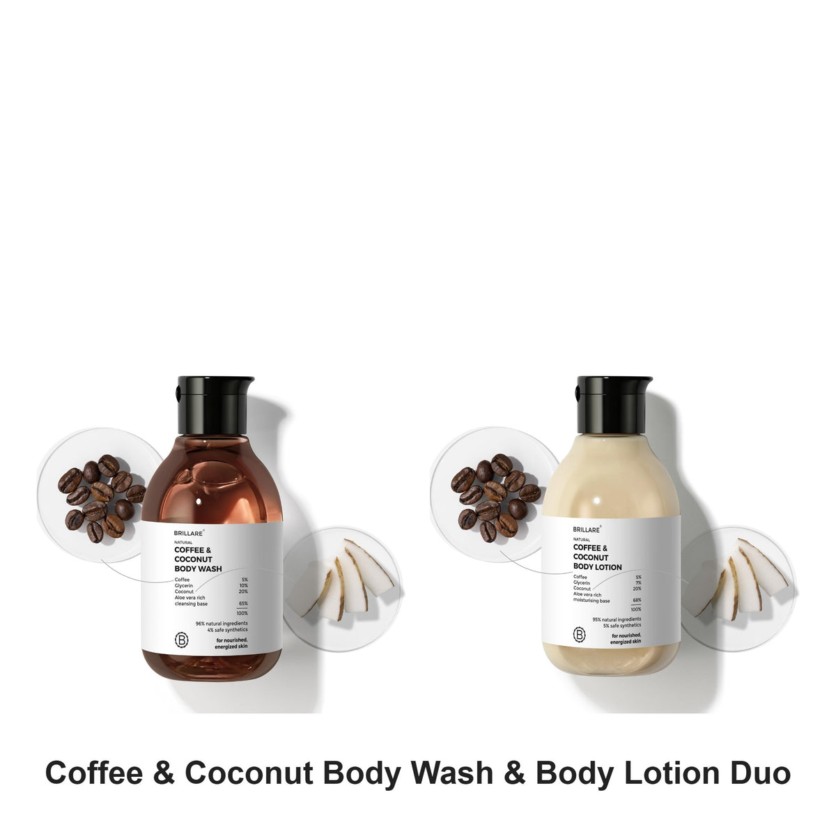 Brillare - Coffee & Coconut Body Wash & Body Lotion Duo Bundle – bundle contents: Coffee & Coconut Body Wash For Energized & Moisturised Skin 200ml, Coffee & Coconut Body Lotion For Energized & Moisturised Skin 200ml