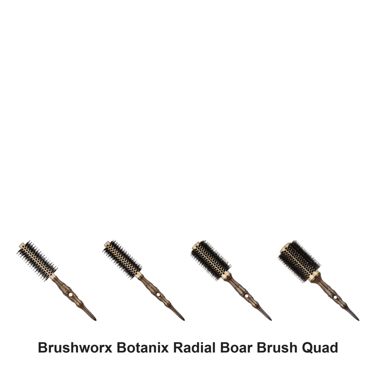 Brushworx - Botanix Radial Boar Brush Quad Bundle – bundle contents: Botanix Radial Boar Brush - Extra Small 42mm, Botanix Radial Boar Brush - Small 46mm, Botanix Radial Boar Brush - Large 60mm, Botanix Radial Boar Brush - Extra Large 70mm