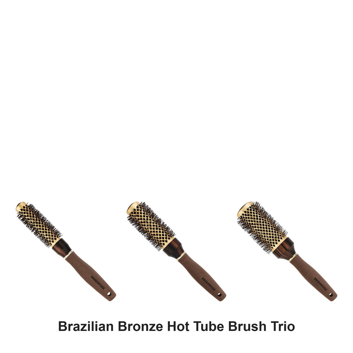 Brushworx - Brazilian Bronze Hot Tube Brush Trio Bundle – bundle contents: Brazilian Bronze Hot Tube Brush - Small 40mm, Brazilian Bronze Hot Tube Brush - Medium 50mm, Brazilian Bronze Hot Tube Brush - Large 60mm