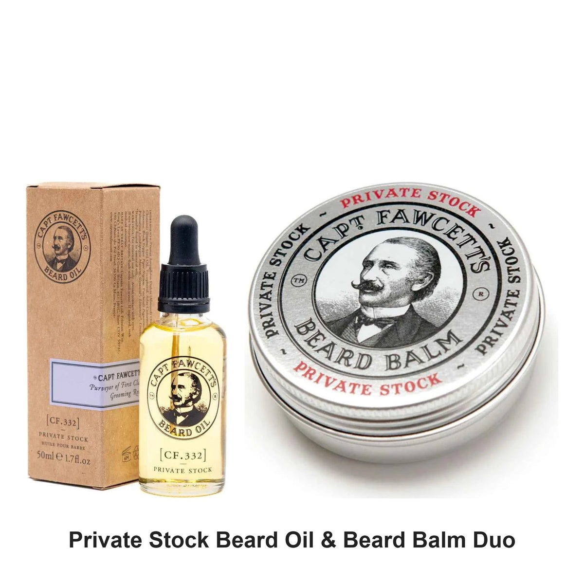 Captain Fawcett - Private Stock Beard Oil & Beard Balm Duo Bundle – bundle contents: Beard Oil Private Stock (1112) 50ml, Beard Balm Private Stock (3333) 60ml