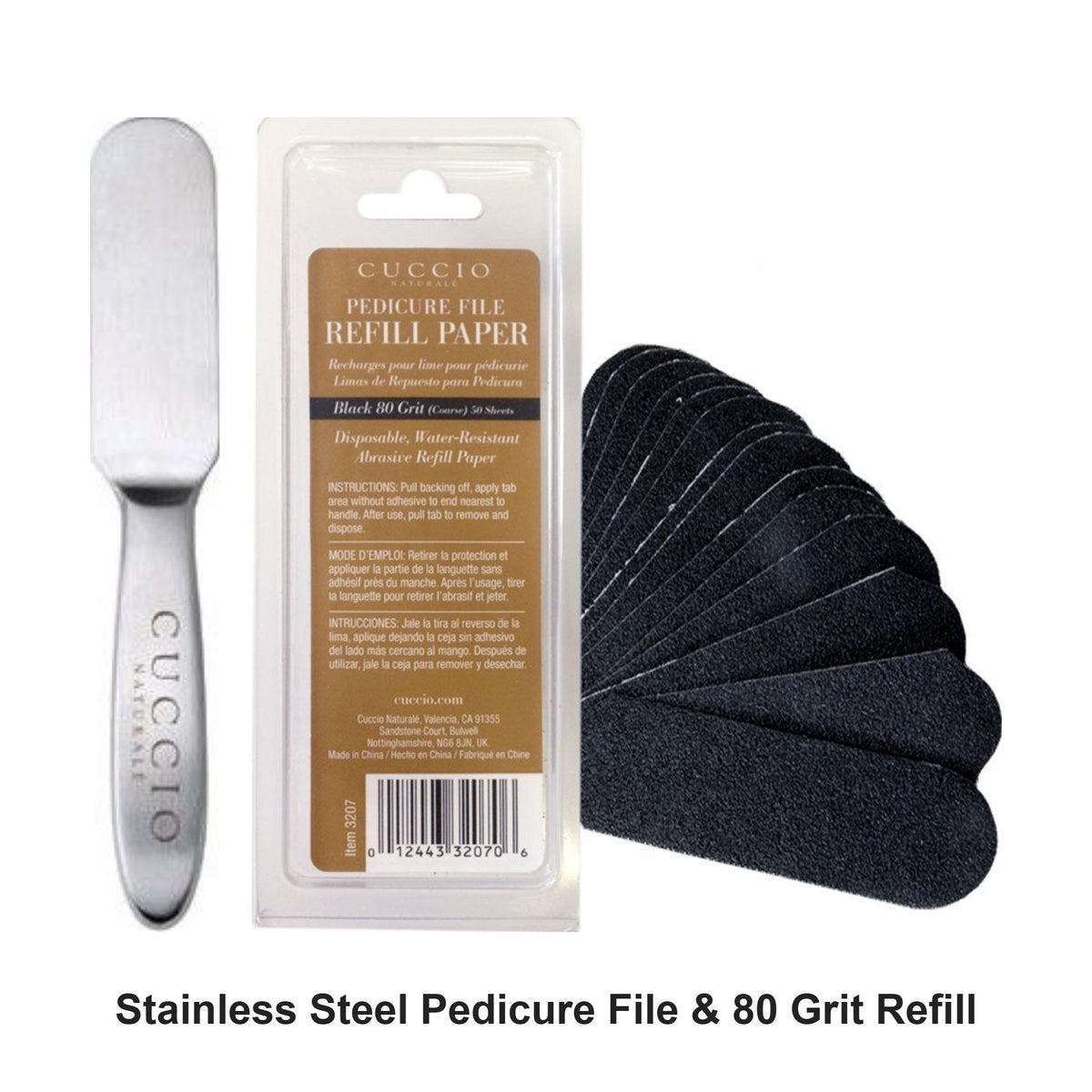 Cuccio - Stainless Steel Pedicure File & 80 Grit Refills Duo Bundle – bundle contents: Stainless Steel Pedicure File, Black Pedi File Refills 80 Grit 50 Pack