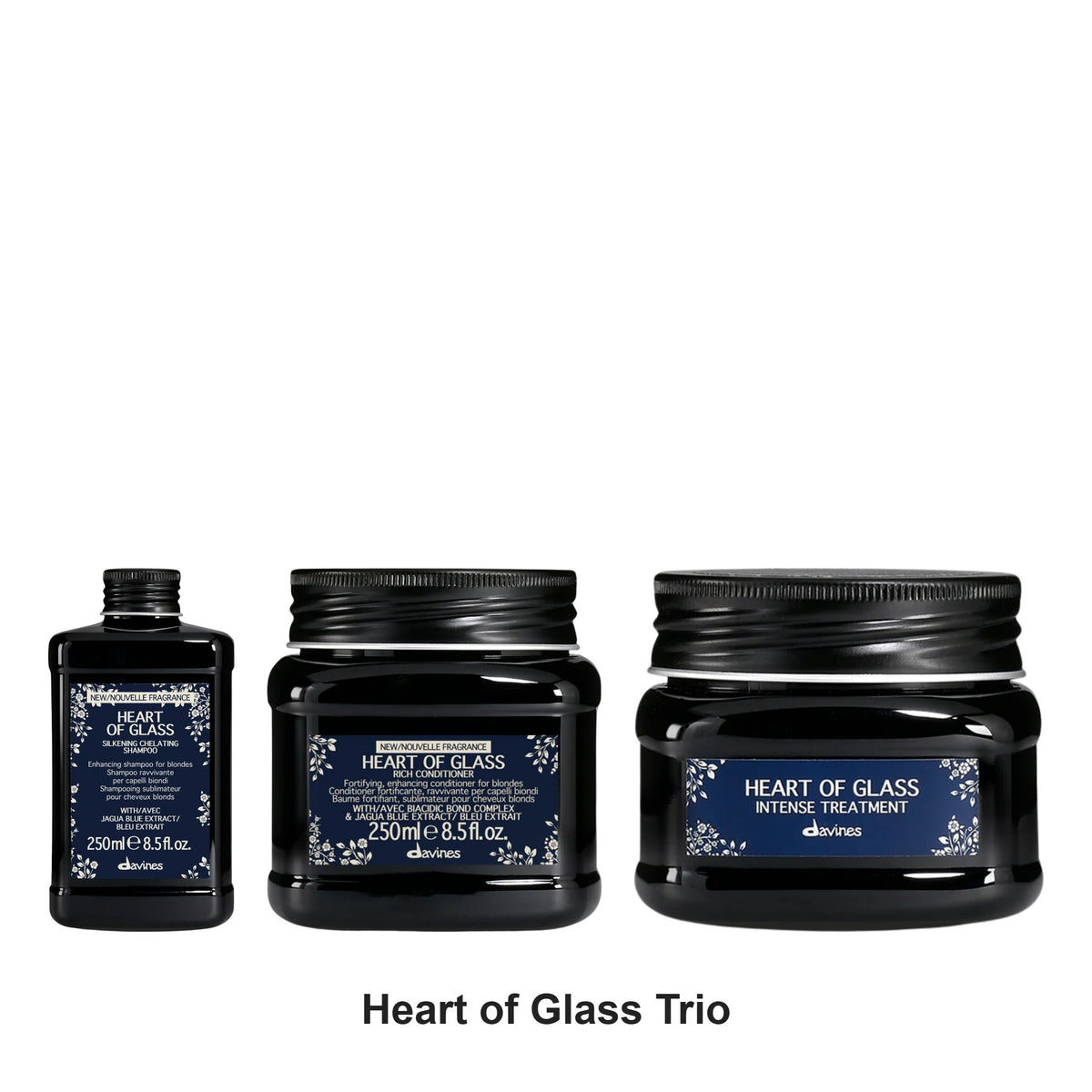 Davines - Heart of Glass Shampoo, Conditioner & Treatment Trio Bundle – bundle contents: Heart of Glass Silkening Shampoo 250ml, Heart of Glass Rich Conditioner 250ml, Heart of Glass Intense Treatment 150ml