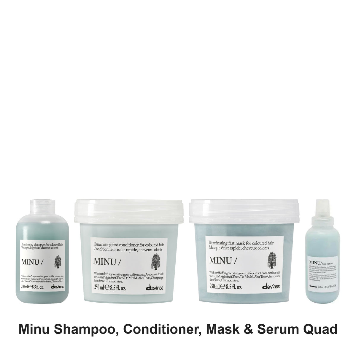 Davines - Minu Shampoo, Conditioner, Mask & Serum Quad Bundle – bundle contents: Minu Shampoo 250ml, Minu Conditioner 250ml, Minu Hair Mask 250ml, Minu Hair Serum 150ml