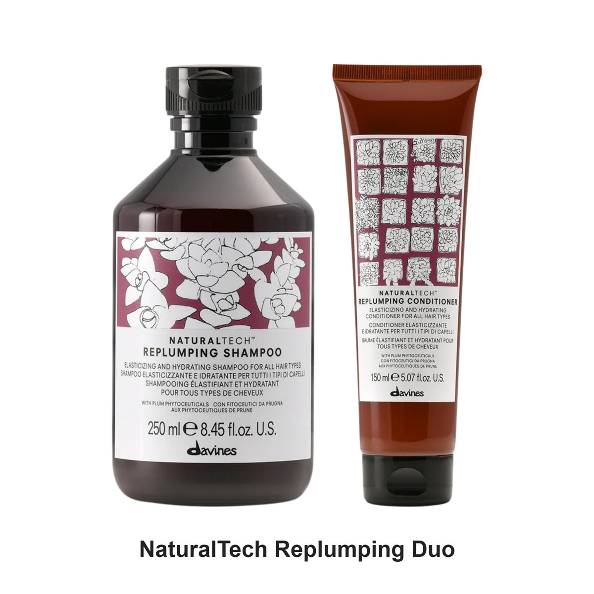 Davines - NaturalTech Replumping Shampoo & Conditioner Duo Bundle – bundle contents: NaturalTech Replumping Shampoo 250ml, NaturalTech Replumping Conditioner 150ml