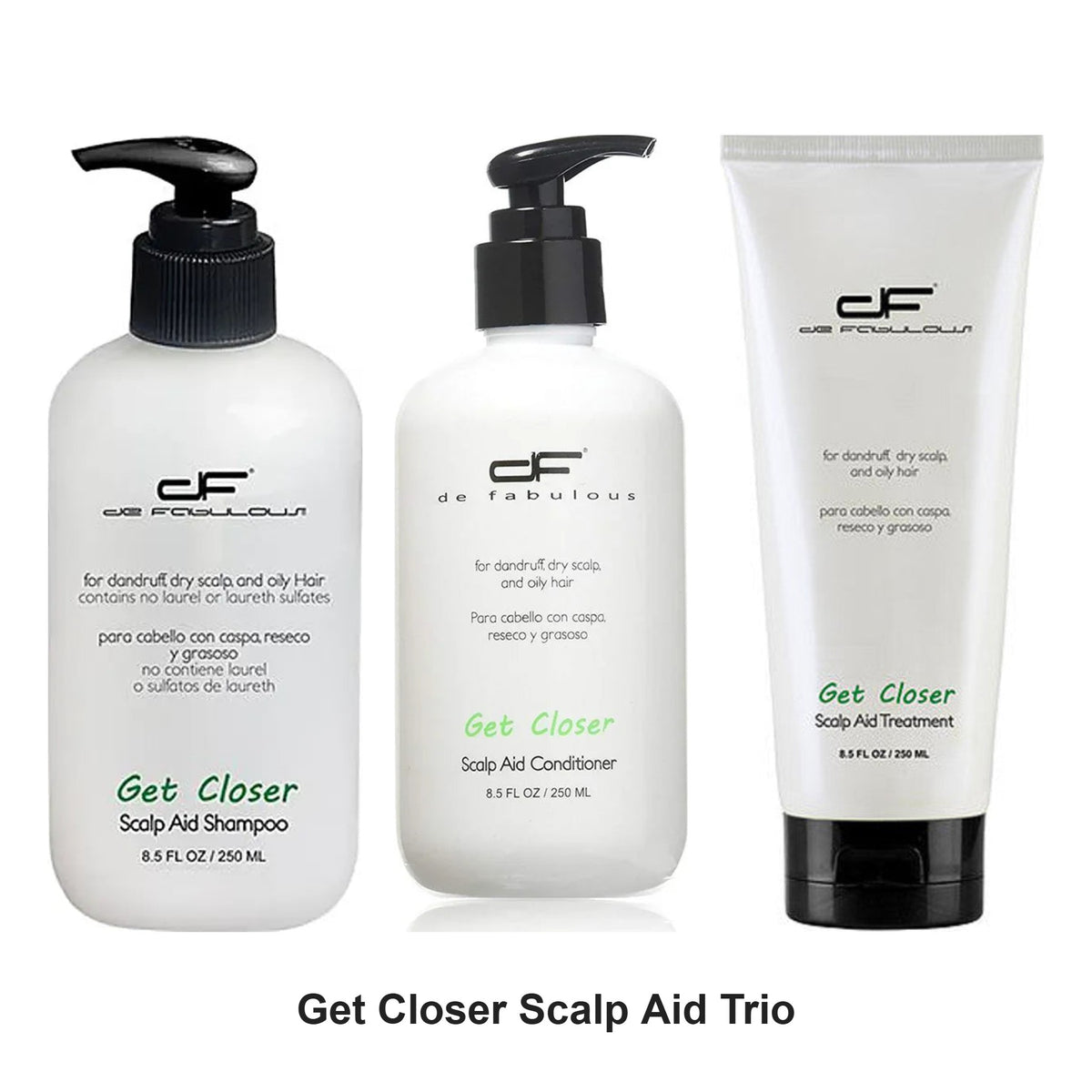 De Fabulous - Get Closer Scalp Aid Shampoo, Conditioner & Treatment Trio Bundle – bundle contents: Get Closer Scalp Aid Shampoo 250ml, Get Closer Scalp Aid Conditioner 250ml, Get Closer Scalp Aid Treatment 250ml