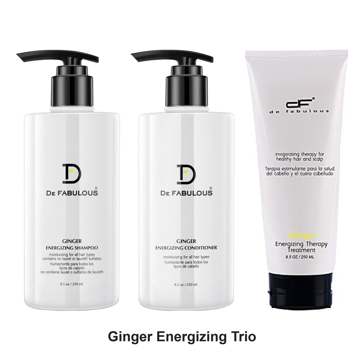 De Fabulous - Ginger Energizing Shampoo, Conditioner & Treatment Trio Bundle – bundle contents: Ginger Energizing Shampoo 250ml, Ginger Energizing Conditioner 250ml, Ginger Energizing Treatment 250ml