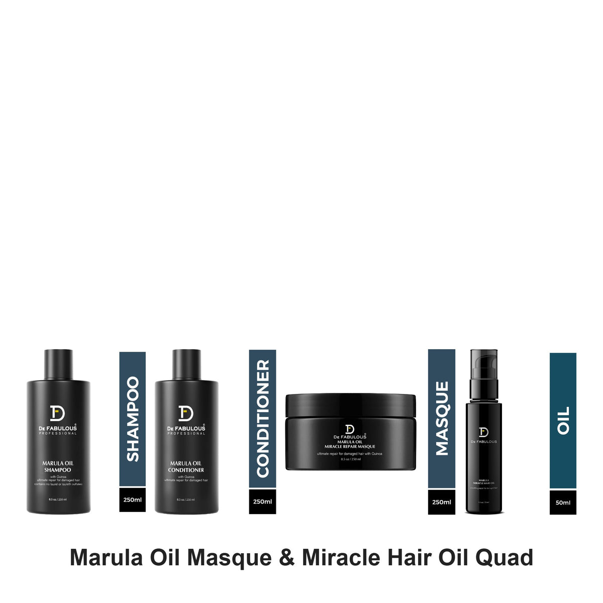 De Fabulous - Marula Oil Shampoo, Conditioner, Masque & Miracle Hair Oil Quad Bundle – bundle contents: Marula Oil Shampoo 250ml, Marula Oil Conditioner 250ml, Marula Oil Miracle Repair Masques 250ml, Marula Miracle Hair Oil 50ml