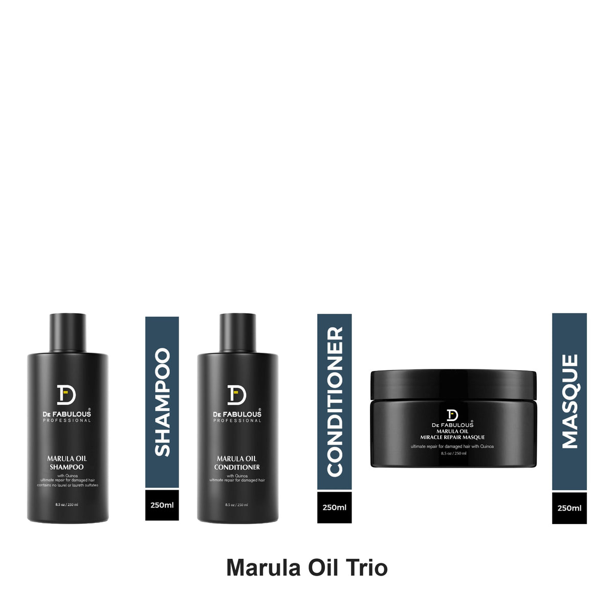 De Fabulous - Marula Oil Shampoo, Conditioner & Miracle Repair Masque Trio Bundle – bundle contents: Marula Oil Shampoo 250ml, Marula Oil Conditioner 250ml, Marula Oil Miracle Repair Masques 250ml
