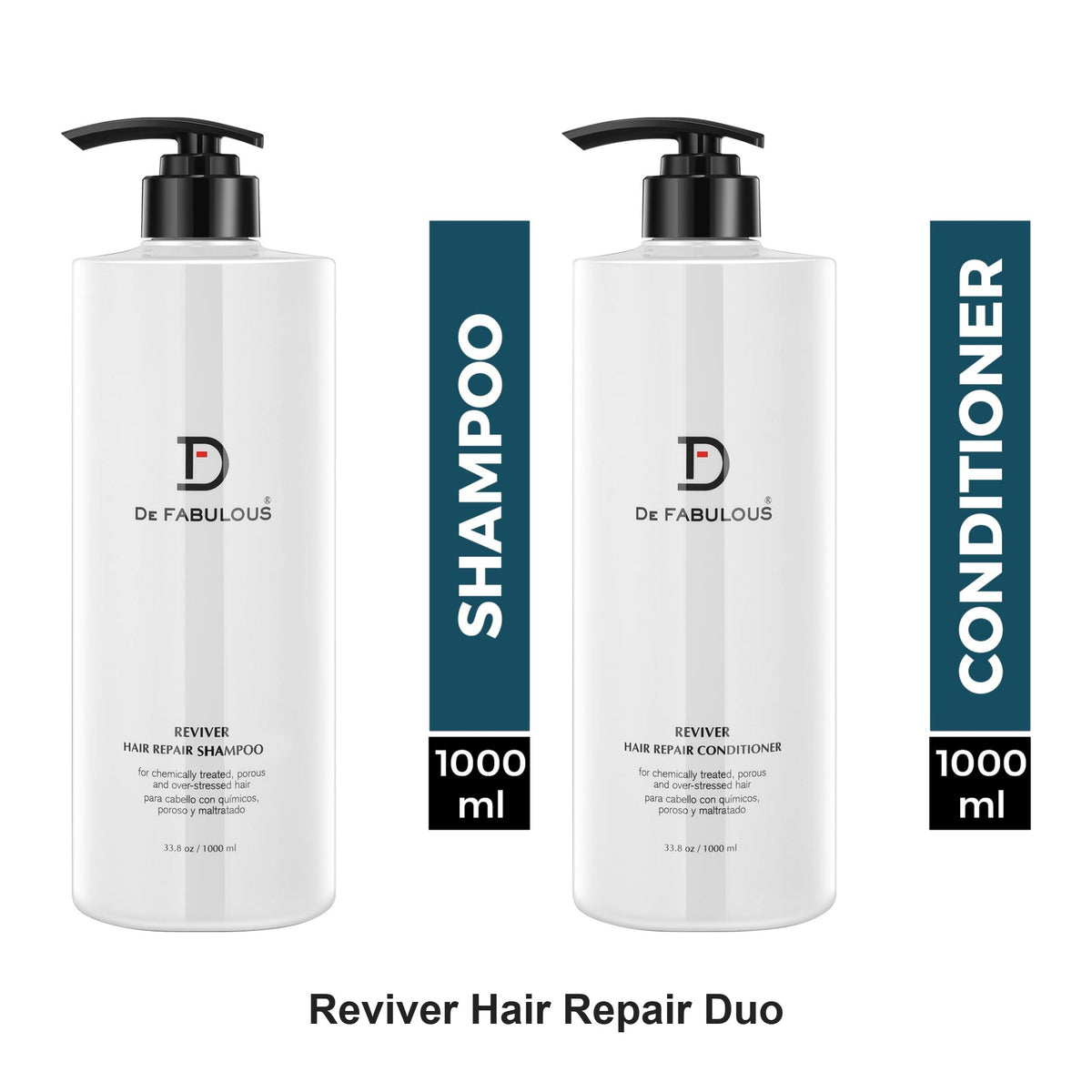 De Fabulous - Reviver Hair Repair Shampoo & Conditioner Duo 1000ml Bundle – bundle contents: Reviver Hair Repair Shampoo 1000ml, Reviver Hair Repair Conditioner 1000ml
