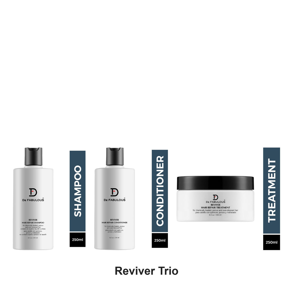 De Fabulous - Reviver Shampoo, Conditioner & Hair Repair Treatment Trio Bundle – bundle contents: Reviver Hair Repair Shampoo 250ml, Reviver Hair Repair Conditioner 250ml, Hair Repair Treatment 250ml