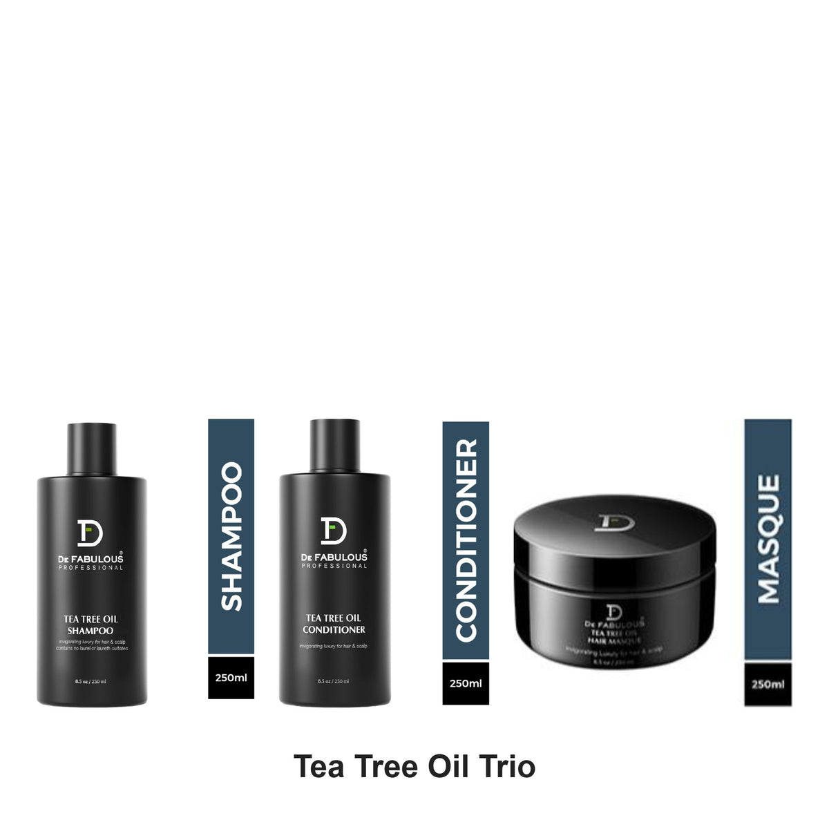 De Fabulous - Tea Tree Oil Shampoo, Conditioner & Hair Masque Trio Bundle – bundle contents: Tea Tree Oil Shampoo 250ml, Tea Tree Oil Conditioner 250ml, Tea Tree Oil Hair Masque 250ml