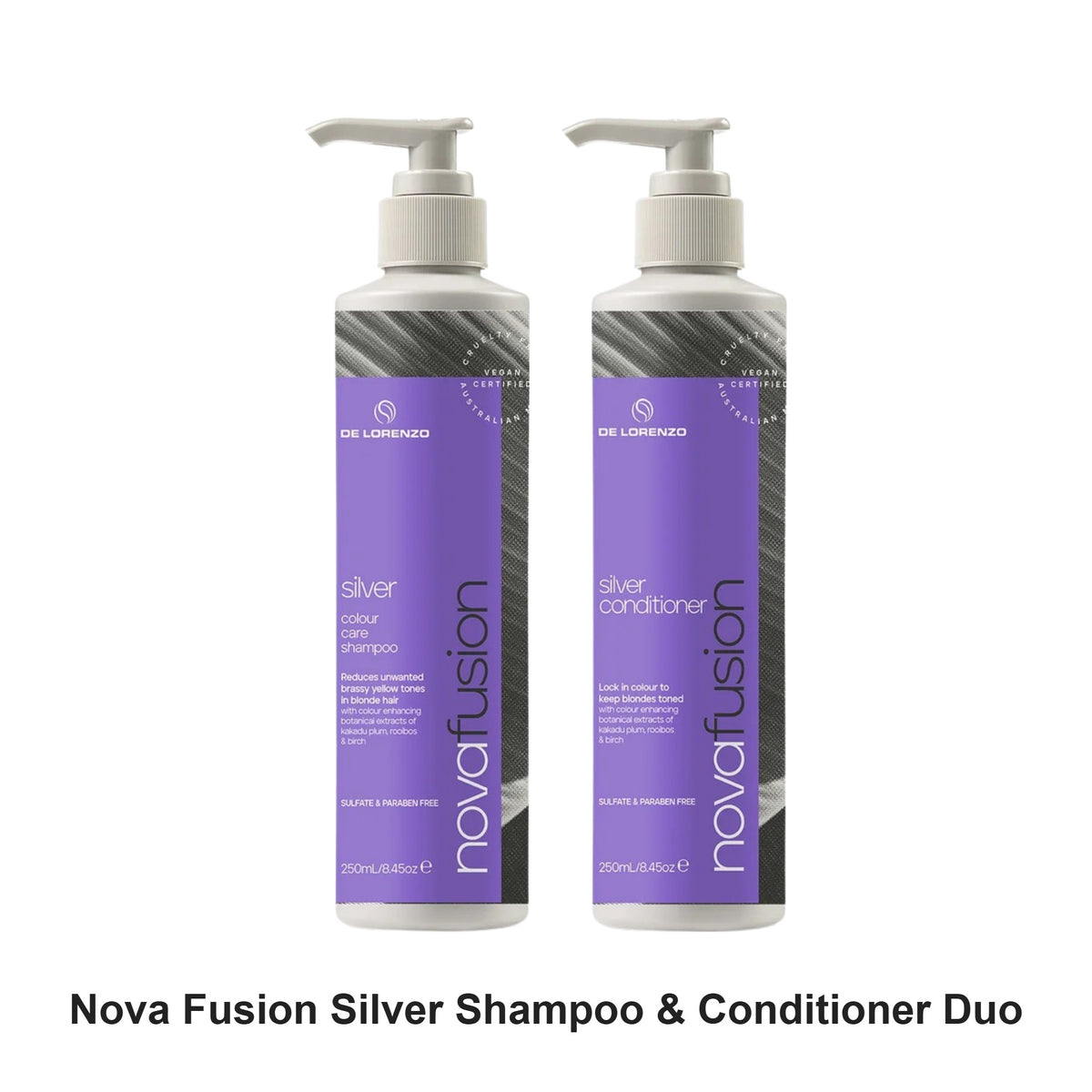 De Lorenzo - Nova Fusion Silver Shampoo & Conditioner Duo Bundle – bundle contents: Nova Fusion Silver Shampoo 250ml, Nova Fusion Silver Conditioner 250ml