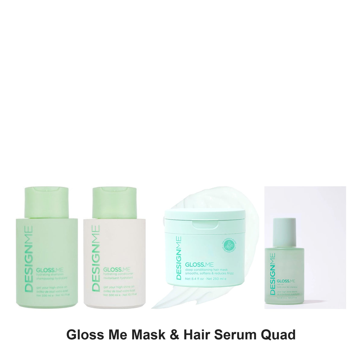 DesignMe - Gloss Me Shampoo, Conditioner, Mask & Hair Serum Quad Bundle – bundle contents: Gloss Me Hydrating Shampoo 300ml, Gloss Me Hydrating Conditioner 300ml, Gloss Me Hydrating Treatment Mask 250ml, Gloss Me Hair Serum 80ml
