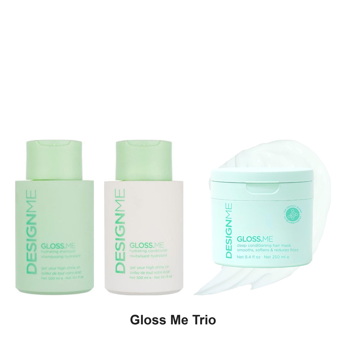 DesignMe - Gloss Me Shampoo, Conditioner & Treatment Mask Trio Bundle – bundle contents: Gloss Me Hydrating Shampoo 300ml, Gloss Me Hydrating Conditioner 300ml, Gloss Me Hydrating Treatment Mask 250ml