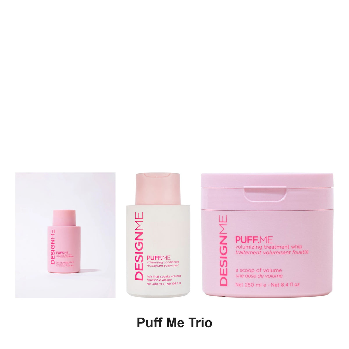 DesignMe - Puff Me Shampoo, Conditioner & Whip Treatment Trio Bundle – bundle contents: Puff Me Volumizing Shampoo 300ml, Puff Me Volumizing Conditioner 300ml, Puff Me Volumizing Whip Hair Treatment 250ml