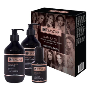 12 Reasons Marula Hydrate & Shine gift set with box, shampoo, conditioner and serum