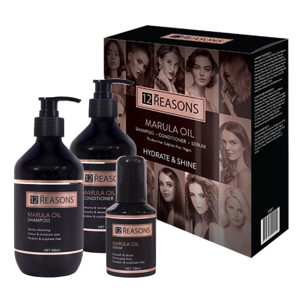 12 Reasons Marula Hydrate & Shine gift set with box, shampoo, conditioner and serum