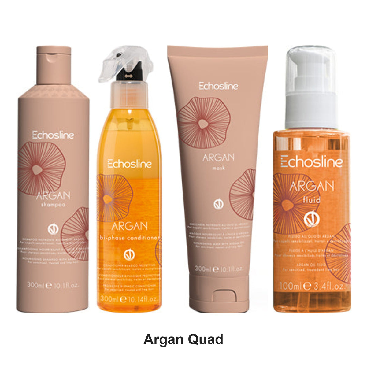 Echosline - Argan Shampoo, Mask, Bi-Phase Conditioner & Fluid Quad Bundle – bundle contents: Argan Shampoo 300ml, Argan Bi-Phase Conditioner 300ml, Argan Mask 300ml, Argan Fluid 100ml