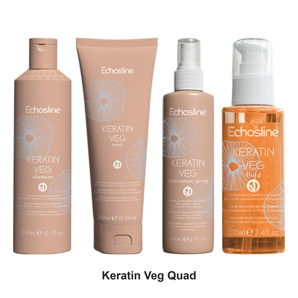 Echosline - Keratin Veg Shampoo, Mask, Lamination Spray & Fluid Quad Bundle – bundle contents: Keratin Veg Shampoo 300ml, Keratin Veg Mask 300ml, Keratin Veg Lamination Spray 200ml, Keratin Veg Fluid 100ml