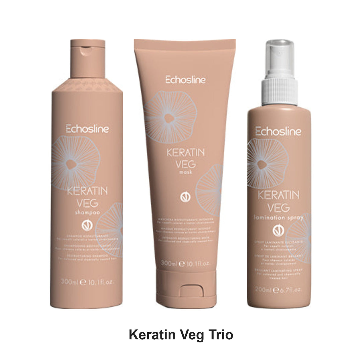 Echosline - Keratin Veg Shampoo, Mask & Lamination Spray Trio Bundle – bundle contents: Keratin Veg Shampoo 300ml, Keratin Veg Mask 300ml, Keratin Veg Lamination Spray 200ml