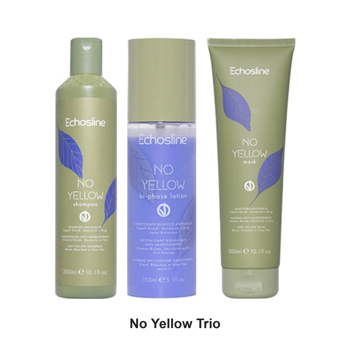Echosline - No Yellow Shampoo, Mask & Bi-Phase Conditioner Trio Bundle – bundle contents: No Yellow Shampoo 300ml, No Yellow Bi-Phase Conditioner 150ml, No Yellow Mask 300ml