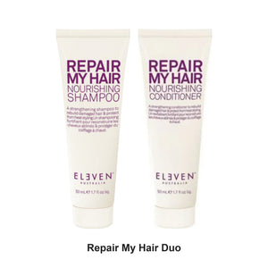 Eleven Australia - Repair My Hair Shampoo & Conditioner Travel Duo Bundle – bundle contents: Repair My Hair Nourishing Shampoo Travel 50ml, Repair My Hair Nourishing Conditioner Travel 50ml