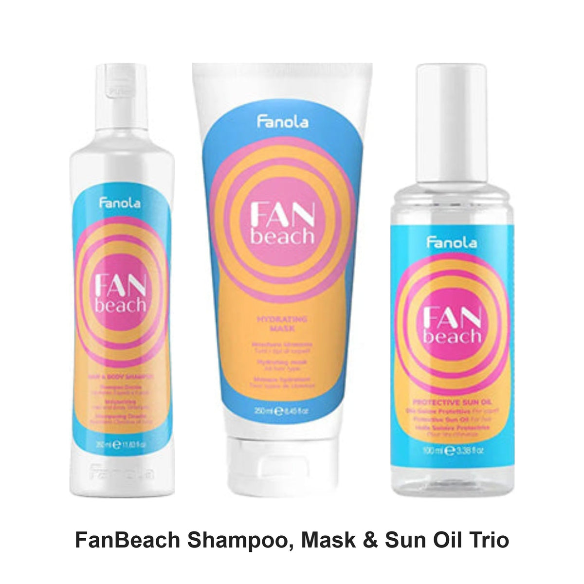 Fanola - FanBeach Shampoo, Mask & Sun Oil Trio Bundle – bundle contents: FanBeach Hair & Body Shampoo 350ml, FanBeach Hydrating Mask 250ml, FanBeach Protective Sun Oil 100ml