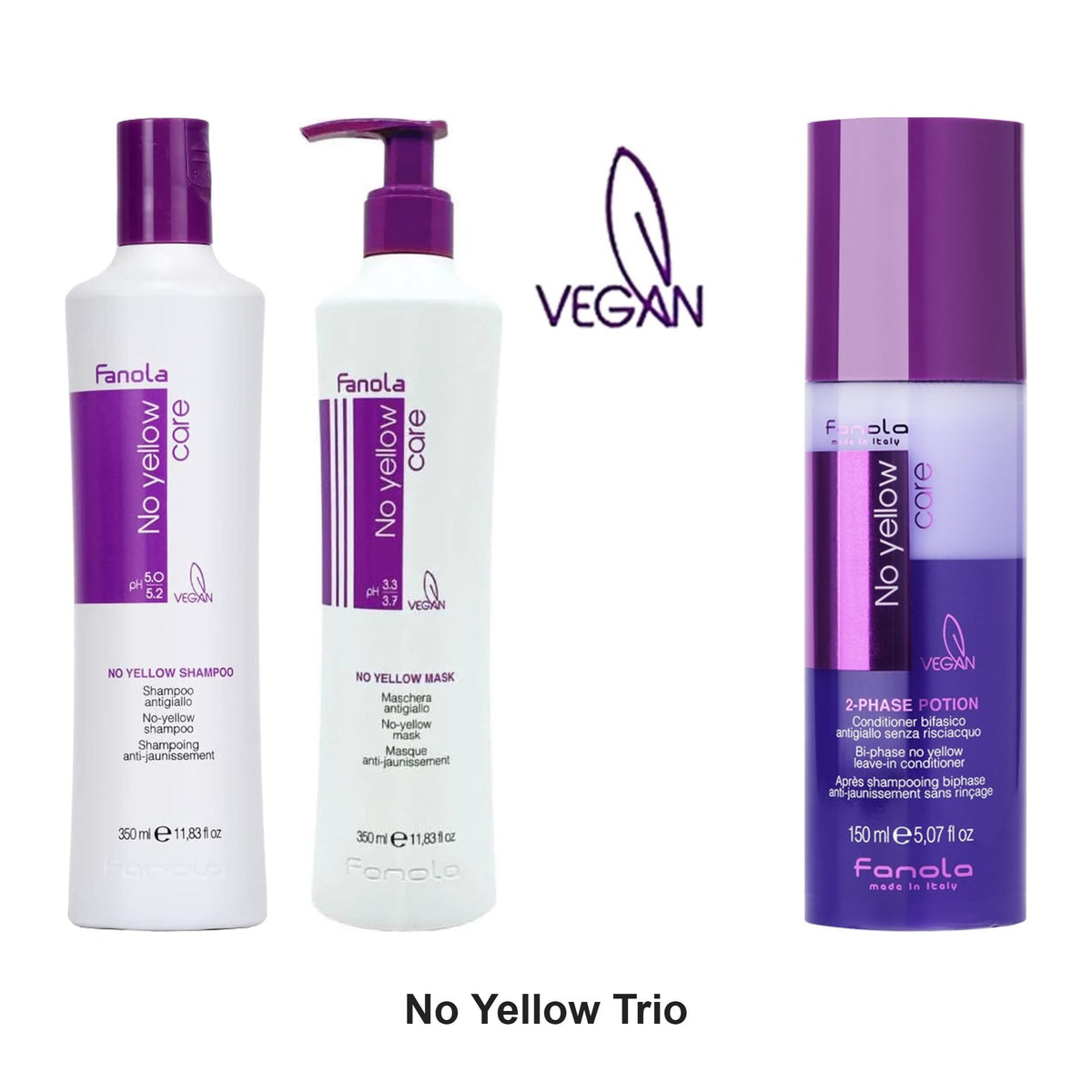 Fanola - No Yellow Shampoo, Mask & Bi-Phase Leave-In Trio Bundle – bundle contents: No Yellow Shampoo 350ml, No Yellow Mask 350ml, No Yellow Bi-Phase Leave-In Conditioner 150ml