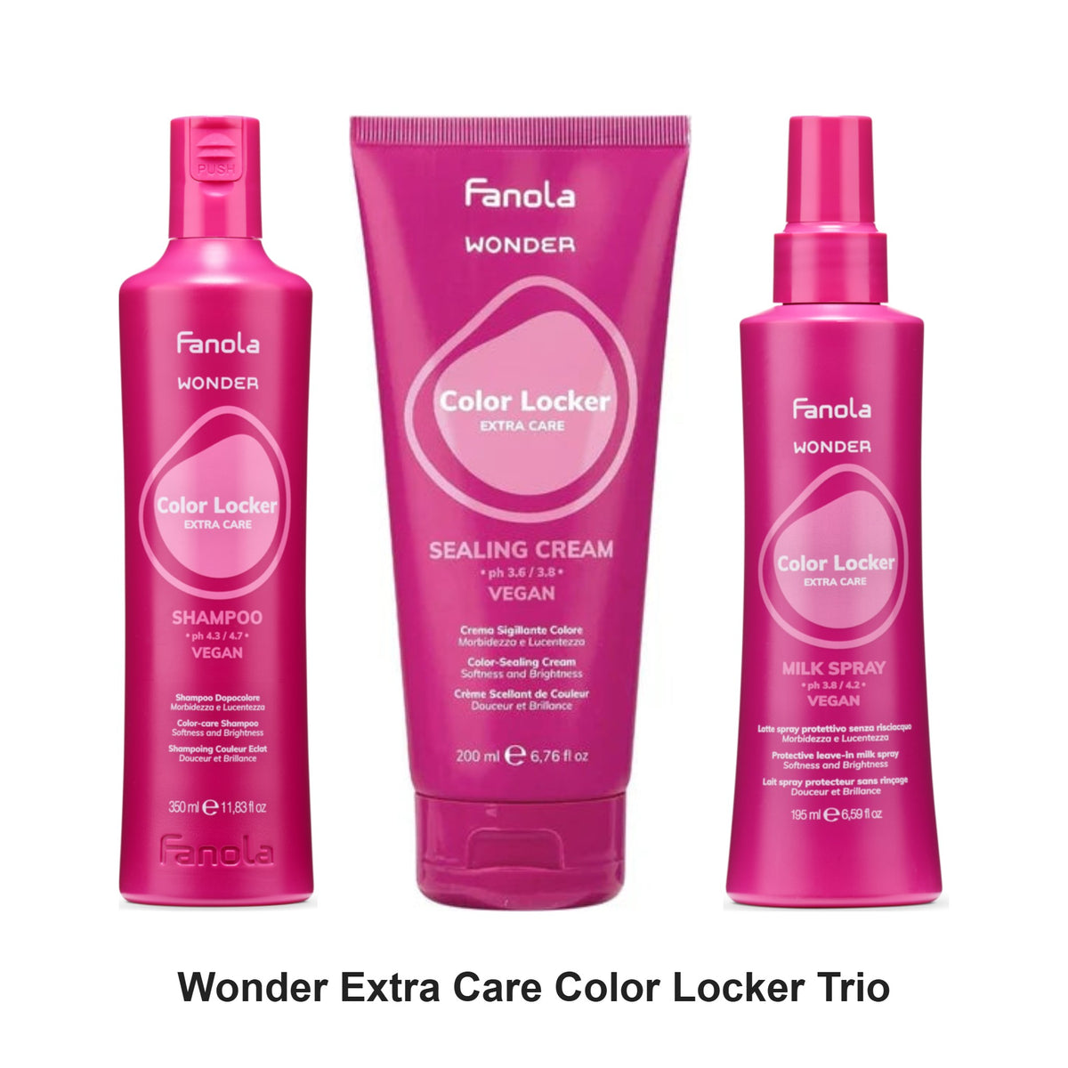 Fanola - Wonder Extra Care Color Locker Shampoo, Sealing Cream & Leave-In Milk Trio Bundle – bundle contents: Wonder Extra Care Color Locker Shampoo 350ml, Wonder Extra Care Color Locker Sealing Cream 200ml, Wonder Extra Care Color Locker Leave-In Milk Spray 195ml