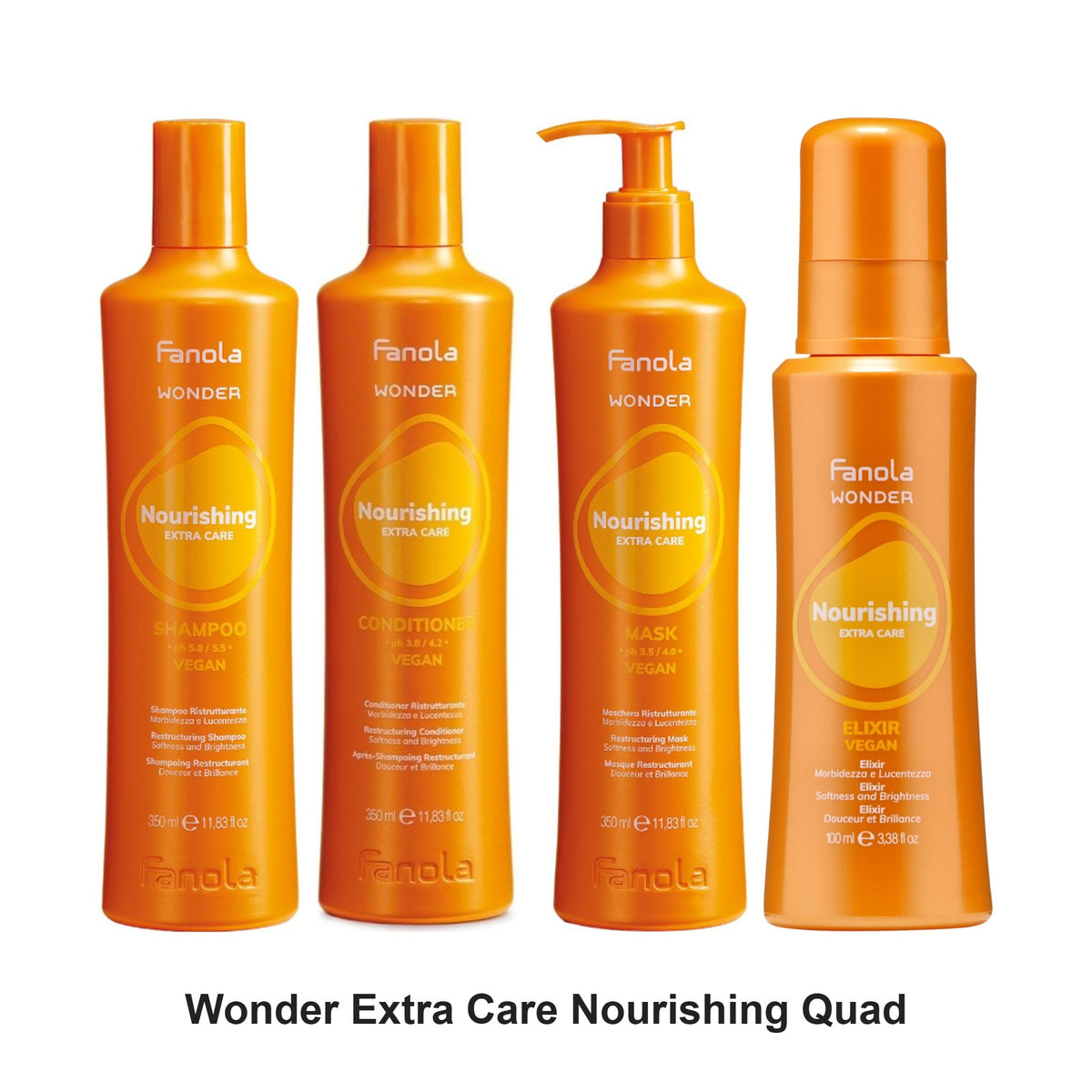 Fanola - Wonder Extra Care Nourishing Shampoo, Conditioner, Mask & Elixir Quad Bundle – bundle contents: Wonder Extra Care Nourishing Shampoo 350ml, Wonder Extra Care Nourishing Conditioner 350ml, Wonder Extra Care Nourishing Mask 350ml, Wonder Extra Care Nourishing Elixir 100ml