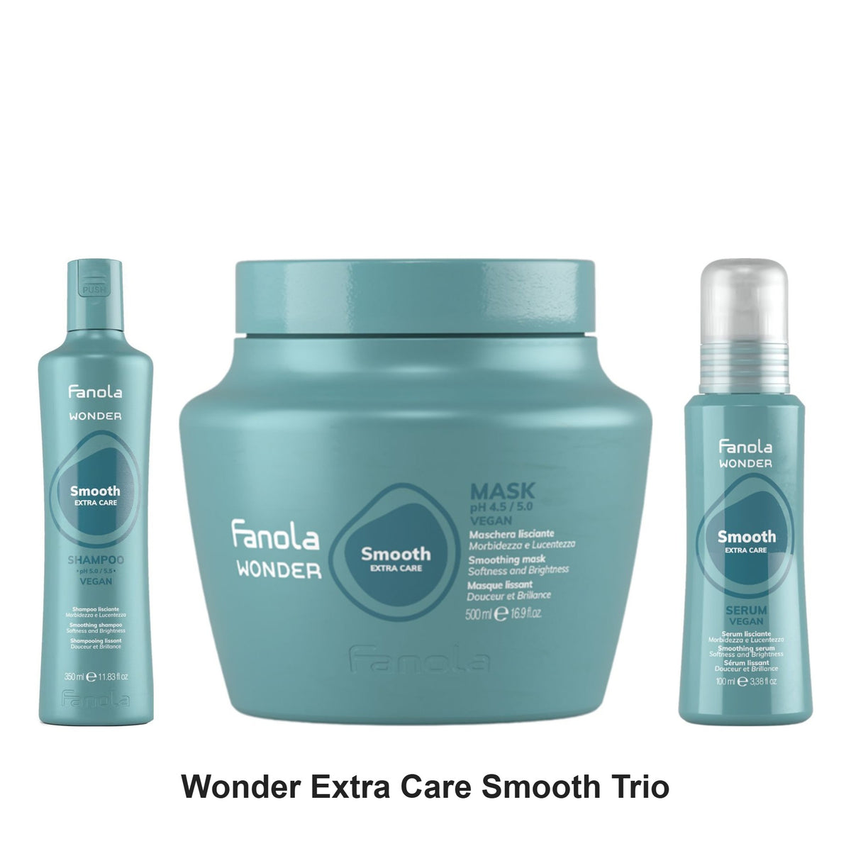 Fanola - Wonder Extra Care Smooth Shampoo, Mask & Serum Trio Bundle – bundle contents: Wonder Extra Care Smooth Shampoo 350ml, Wonder Extra Care Smooth Mask 500ml, Wonder Extra Care Smooth Serum 100ml