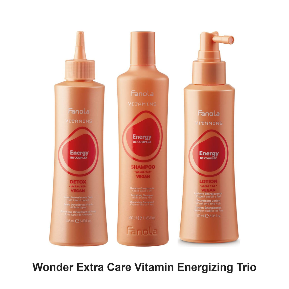 Fanola - Wonder Extra Care Vitamin Energizing Scrub, Shampoo & Lotion Trio Bundle – bundle contents: Wonder Extra Care Vitamin Energizing Scalp Detoxifying Scrub 195ml, Wonder Extra Care Vitamin Energizing Shampoo 350ml, Wonder Extra Care Vitamin Energizing Lotion 150ml