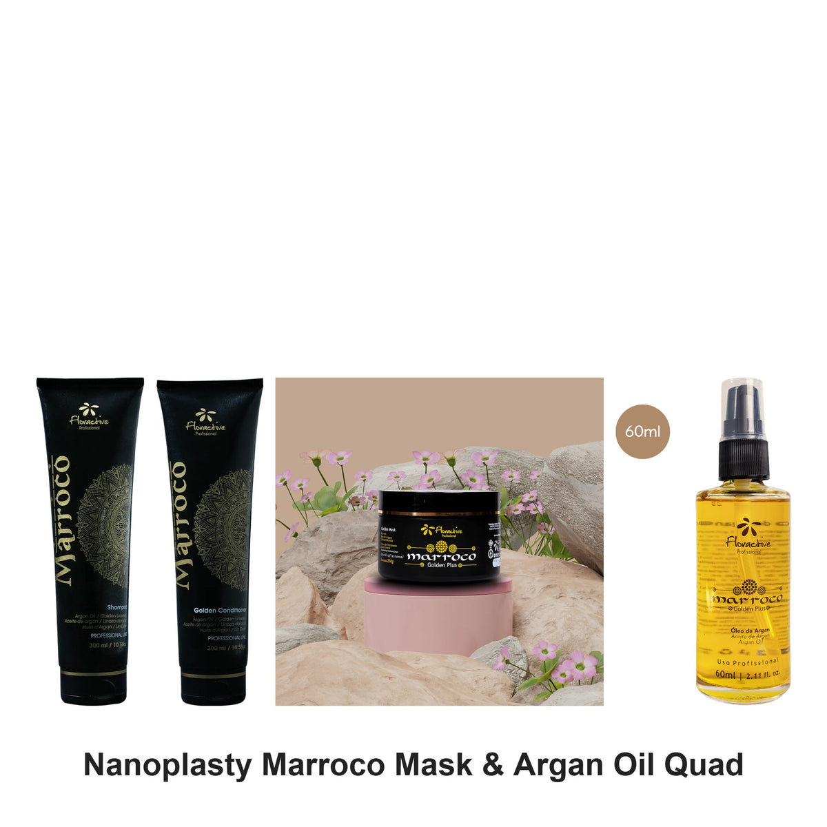 Floractive - Nanoplasty Marroco Shampoo, Conditioner, Mask & Argan Oil Quad Bundle – bundle contents: Nanoplasty Marroco Shampoo 300ml, Nanoplasty Marroco Conditioner 300ml, Nanoplasty Marroco Golden Plus Mask 250g, Marroco Golden Plus Argan Oil 60ml