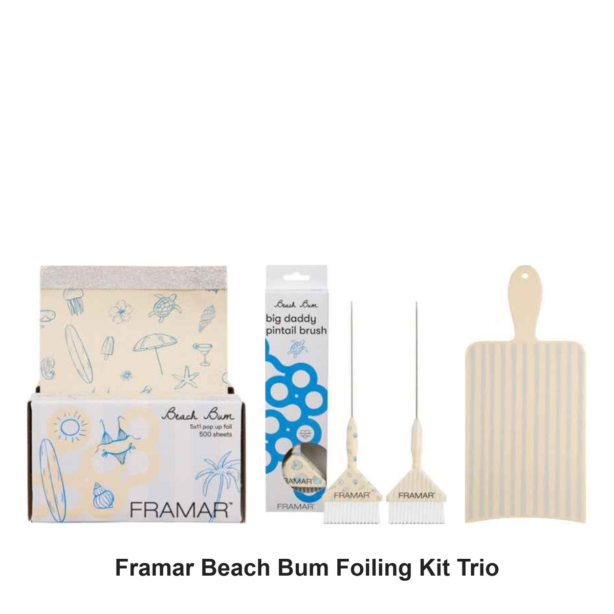 Framar - Beach Bum Foiling Kit Trio Bundle – bundle contents: Pop Up Foil - Beach Bum 500 Sheets, Big Daddy Pintail Tint Brush Set - Beach Bum 2pk, Paddle Daddy - Beach Bum